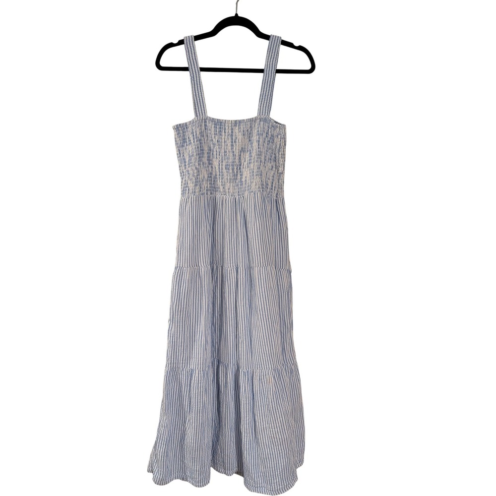 Quince Midi Dress Womens Small Blue White Striped Smocked Organic Cotton